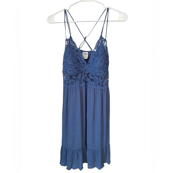 Victoria's Secret PINK Boho Lace Slip Dress Strappy Ruffle Hem Blue Size Large - Picture 1 of 9